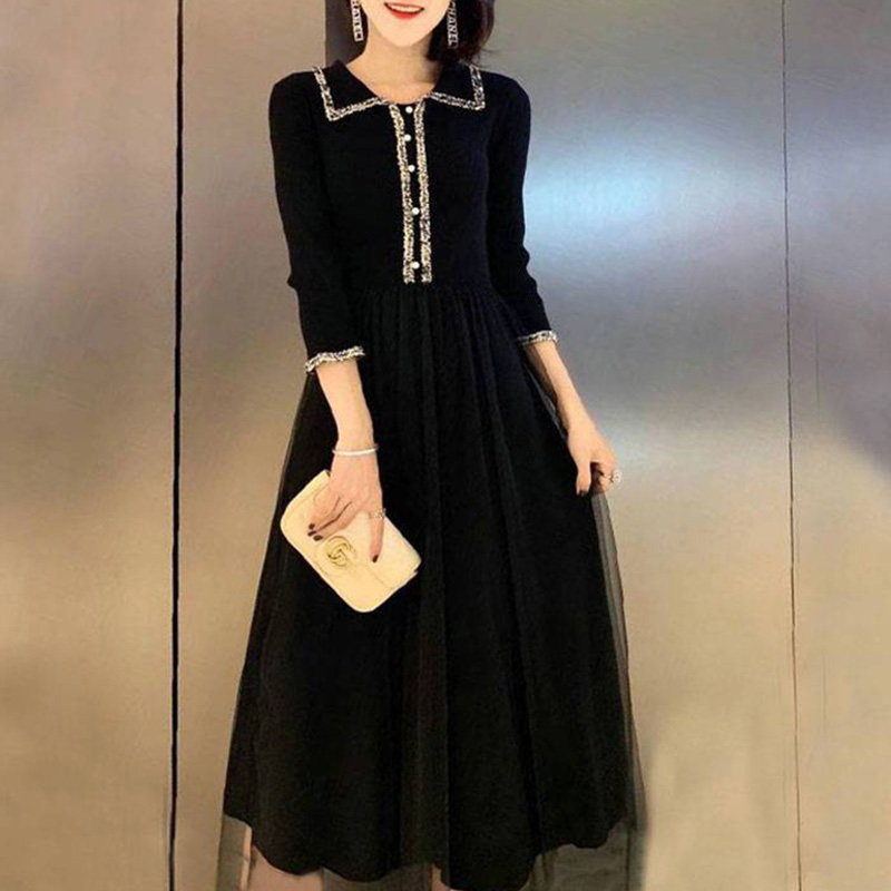 阿瑪施旗舰店官网2020秋新款修身小香风九分袖针织连衣裙女装长裙