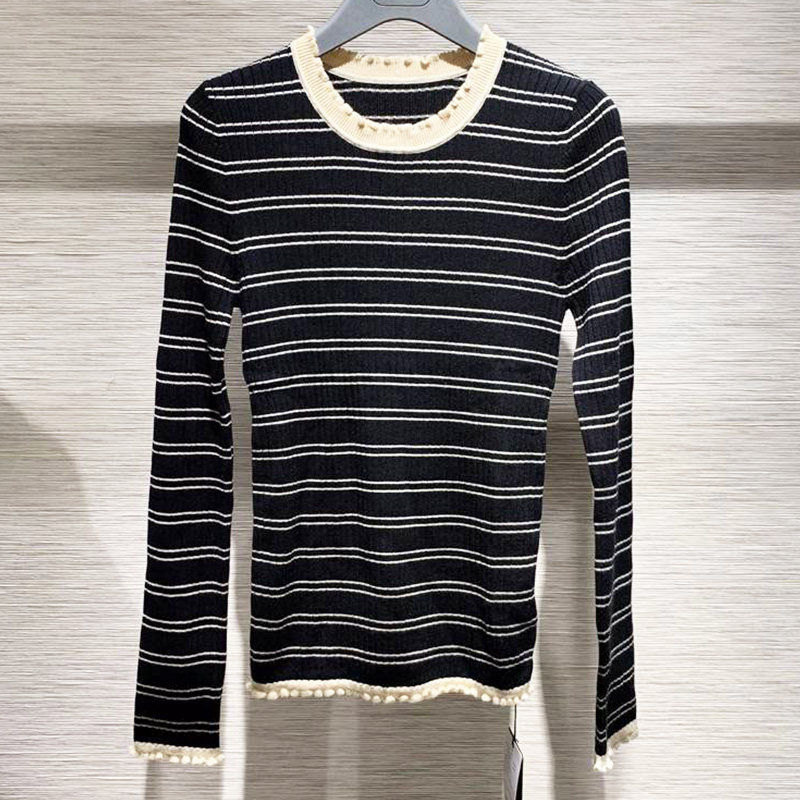 阿瑪施女装旗舰店官网2020秋新款修身条纹花边羊毛针织打底衫毛衣