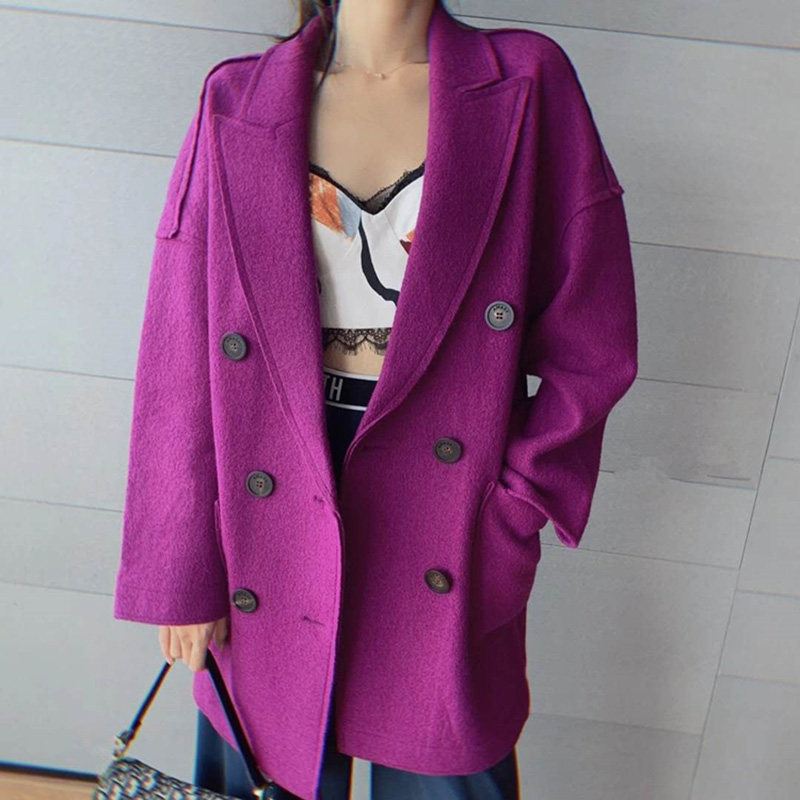 阿瑪施旗舰店官网纯色双排扣西装外套2020秋冬新款中长羊毛呢大衣