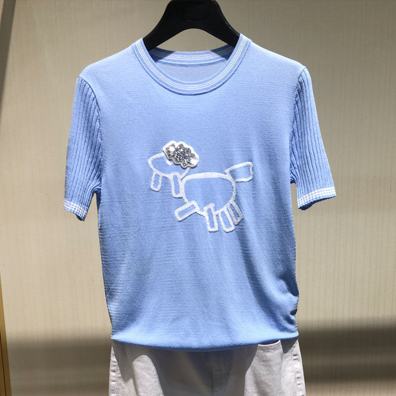 阿瑪施旗舰店官网2020夏新款镶钻小羊刺绣冰丝针织圆领短袖t恤女
