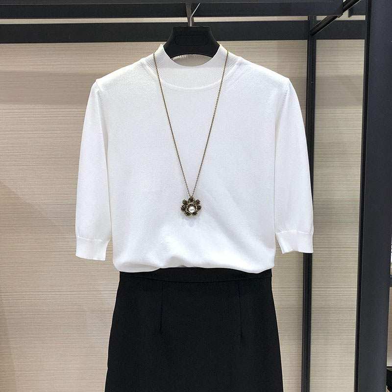 阿瑪施女装旗舰店官网2020夏季新款纯色五分袖针织衫修身百搭T恤