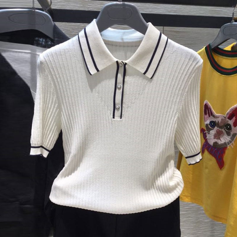 阿瑪施旗舰店正品2020夏新款条纹翻领冰丝短袖针织T恤衫女装上衣