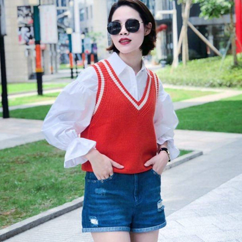 阿瑪施旗舰店官网2020秋新款女装修身V领针织背心拼色百搭马甲女