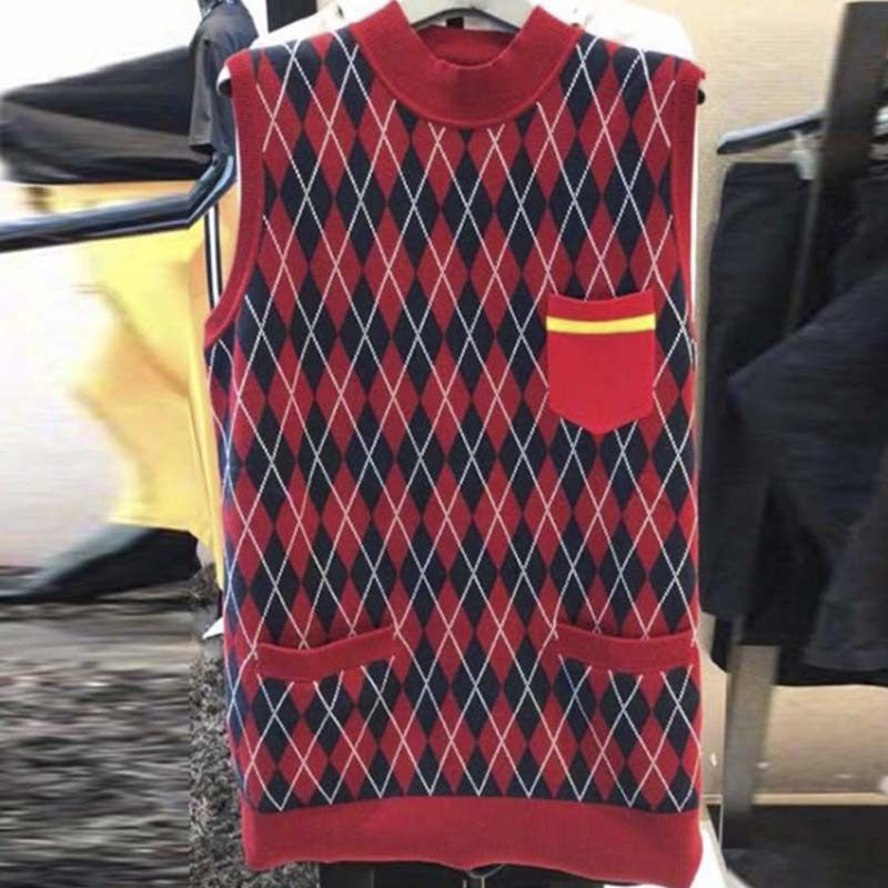 阿瑪施女装旗舰店官网2020秋冬新款百搭圆领无袖格子马甲背心外穿