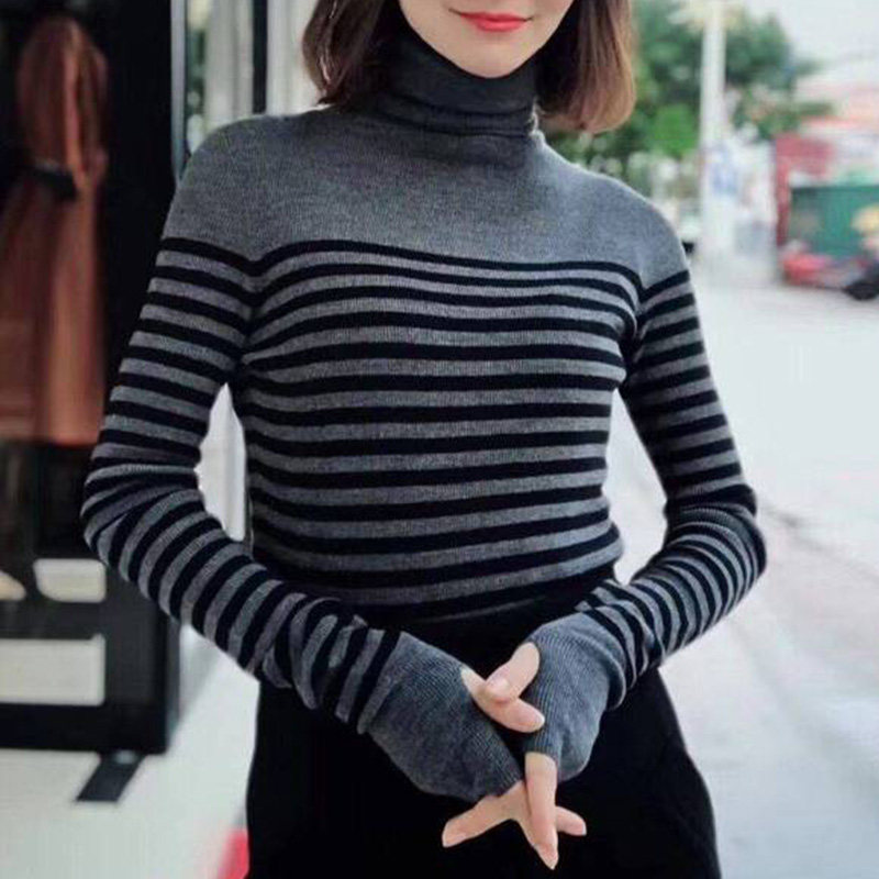 阿瑪施旗舰店官网2020秋冬新款高领条纹套手羊毛针织打底衫毛衣女
