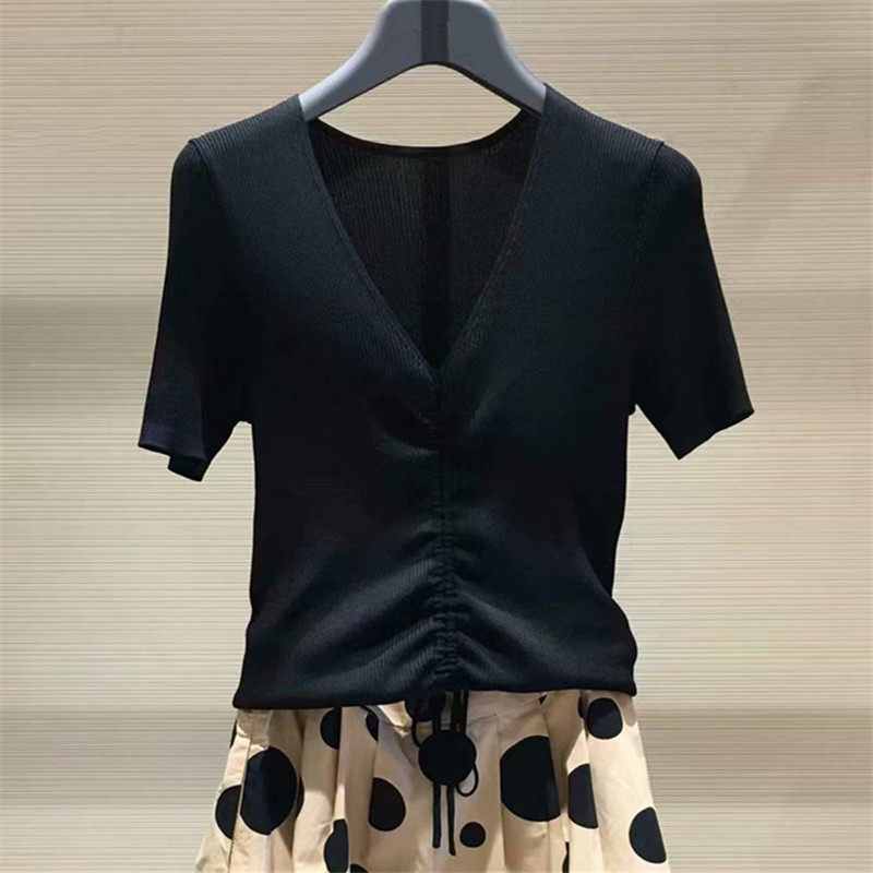 阿瑪施旗舰店2020夏季新款抽绳修身收腰V领冰丝针织衫短袖T恤女装