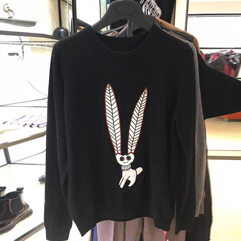 阿瑪施旗舰店官网2020秋冬新款圆领羊毛针织衫卡通刺绣套头毛衣女