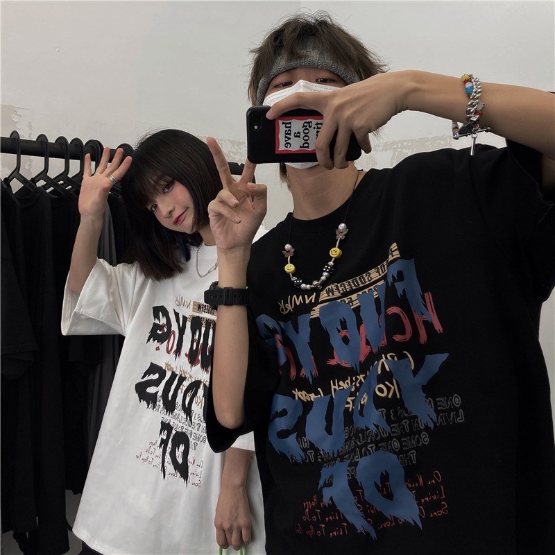 OOTDstudio韩国ins原创潮牌暗黑街头字母印花宽松圆领短袖T恤男女