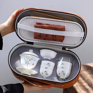 芬阳可携式茶具羊脂玉旅行茶具套组家用收纳陶瓷小套旅行可携式茶