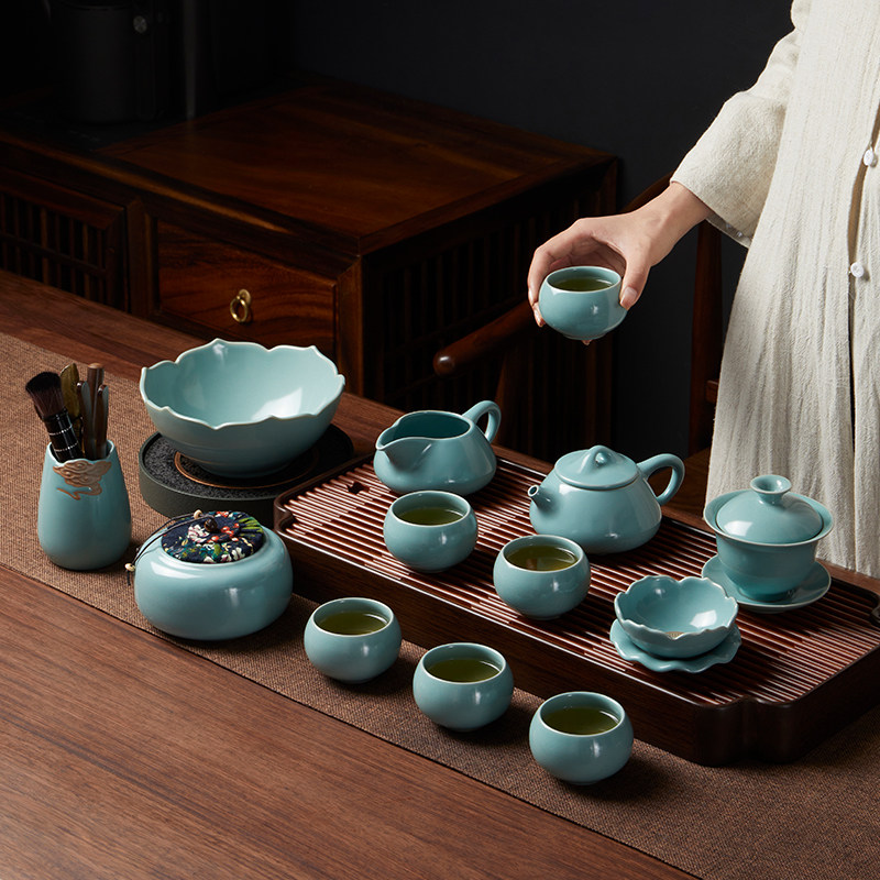 汝窑茶具全套家用潮汕功夫陶瓷盖碗青瓷泡茶杯高档中式简约礼盒装