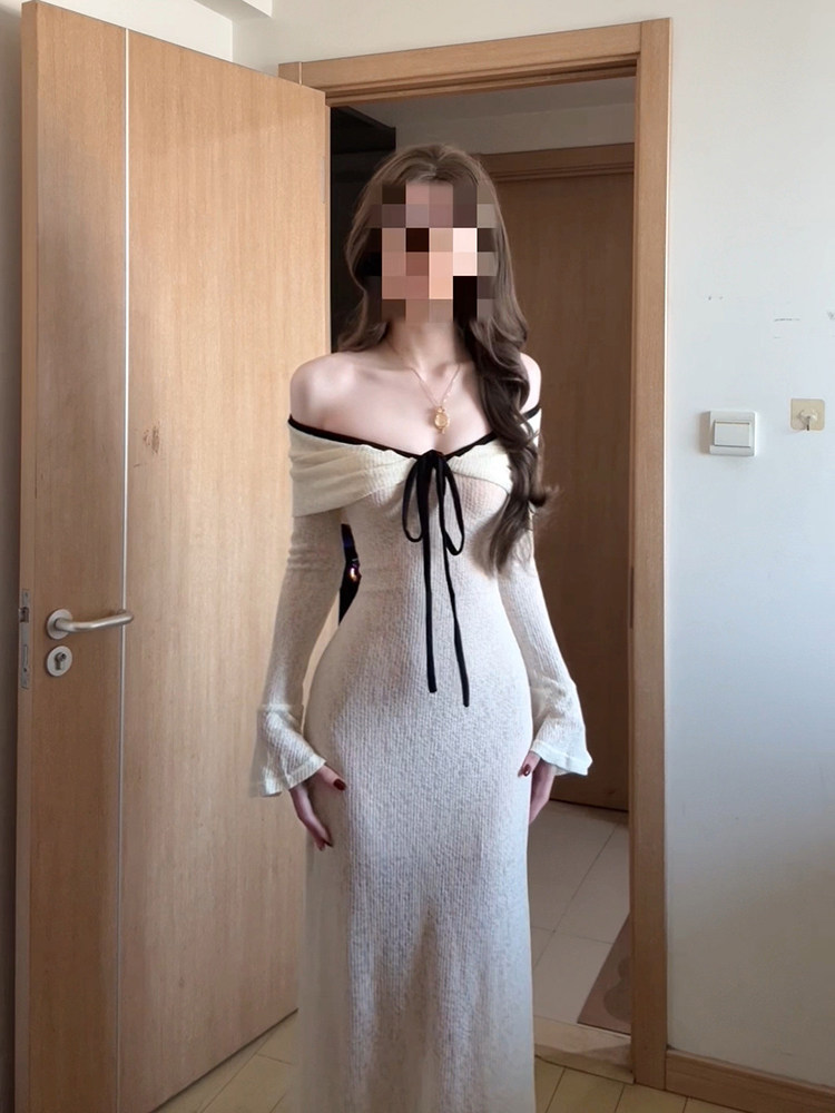 秋冬季新款喇叭袖一字肩长袖连衣裙设计感修身包臀生日礼服裙子女,女装/女士精品,连衣裙,淘宝优惠券,粉丝福利购,淘宝优惠卷