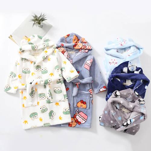 New Autumn Winter Kids Hooded Flannel Bathrobe Baby Bath Rob