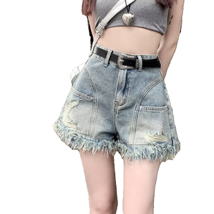 美式辣妹破洞毛边牛仔短裤女夏季小众大码设计感高腰a字热裤子潮