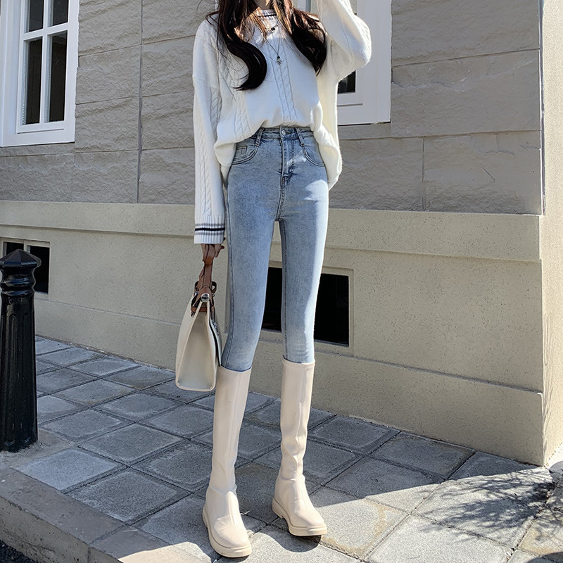 2022春秋新款浅蓝色高腰牛仔裤女大码潮ins小脚显瘦显高铅笔裤子