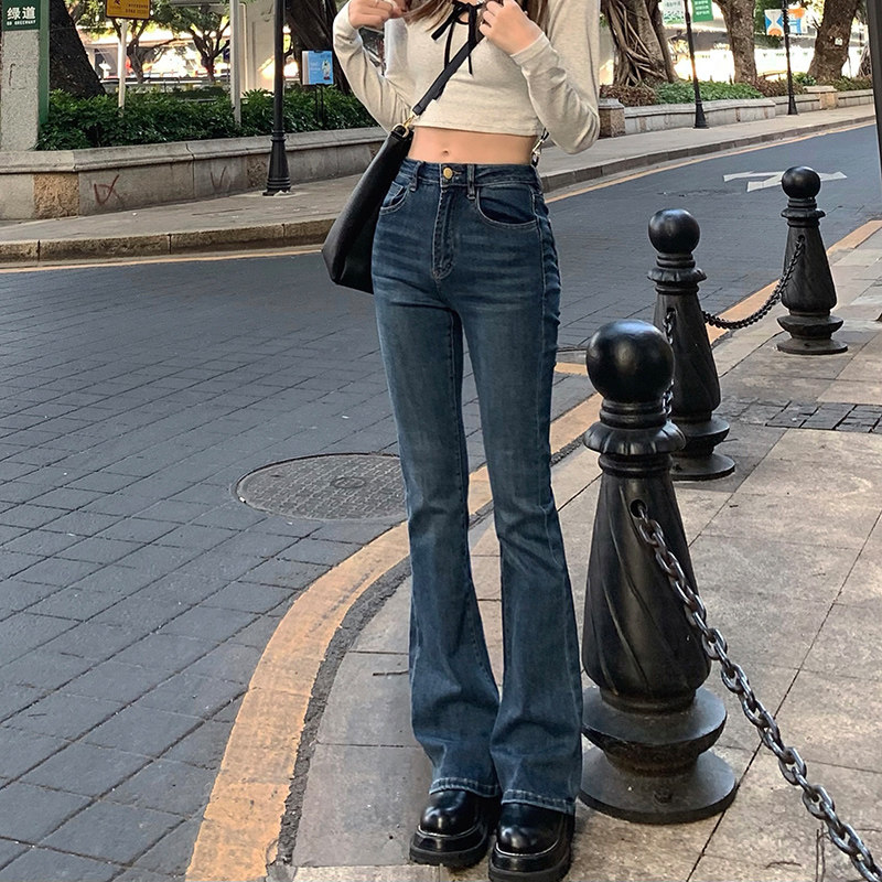 辣妹牛仔裤女2022秋冬复古高腰修身直筒大码胖妹妹mm微喇叭裤子