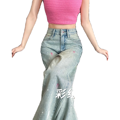春秋新款油画泼墨阔腿牛仔裤女