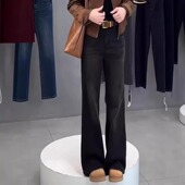 女胖mm不贴腿显瘦显腿长直筒阔腿裤 高腰弹力微喇牛仔裤 秋冬季 大码