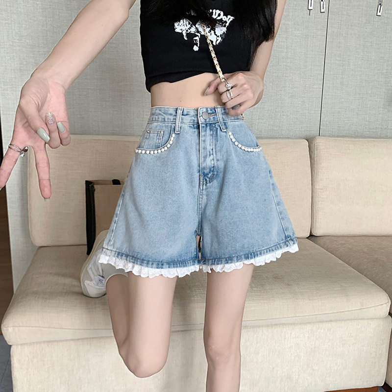 辣妹牛仔短裤女夏蕾丝花边钉珠裤图片