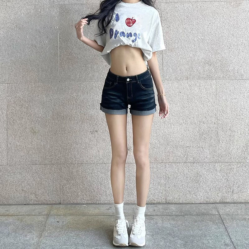 美式深蓝色卷边牛仔短裤女夏季新款修身显瘦辣妹弹力包臀a字热裤