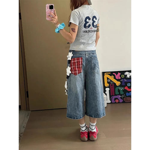 夏季格子拼接阔腿七分牛仔中裤女