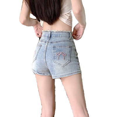 夏季蝴蝶结刺绣牛仔短裤女