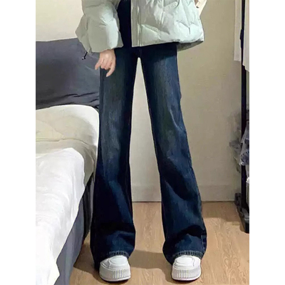 高腰直筒加绒微喇牛仔裤女