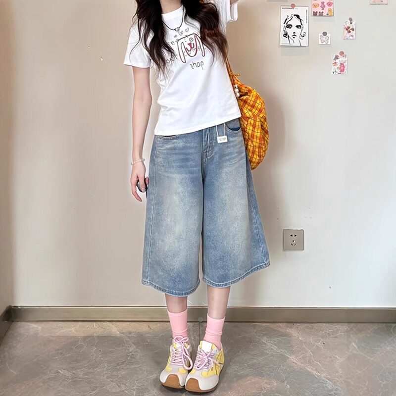 浅色百搭直筒牛仔中裤女夏季薄款高腰宽松大码显瘦阔腿七分牛仔裤