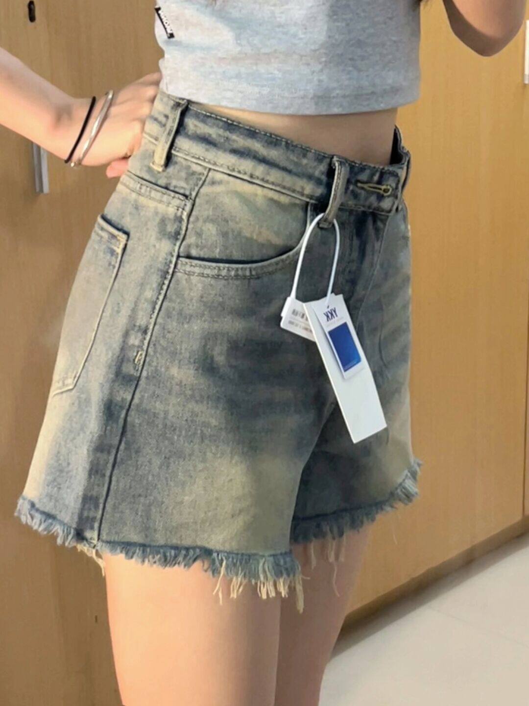 复古毛边牛仔短裤女夏季高腰大码显瘦胖mm梨形身材小个子a字热裤
