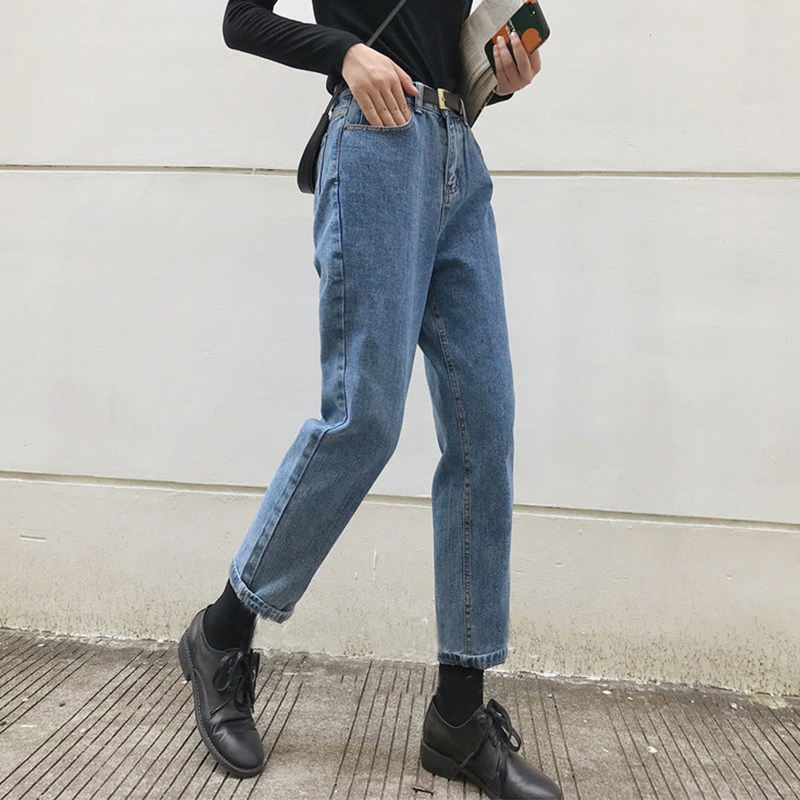 学生宽松哈伦牛仔裤女春秋2022新款大码胖mm显瘦chic萝卜老爹裤潮