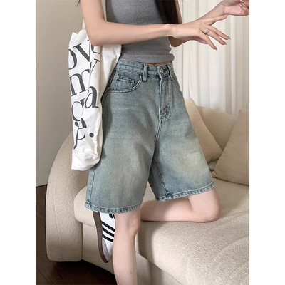 夏季百搭阔腿直筒五分牛仔中裤女