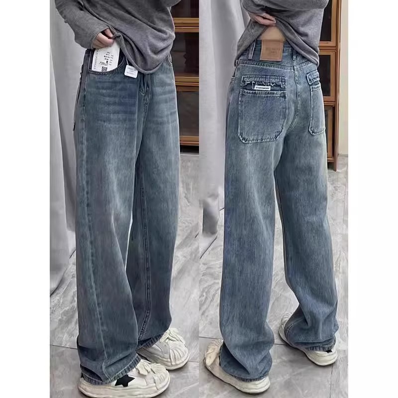 复古蓝加绒高腰直筒牛仔裤女