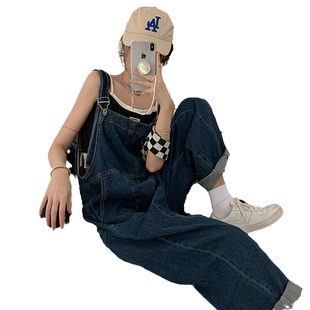 牛仔背带裤女秋冬新款设计感小众大码宽松连体裤小个子阔腿长裤潮