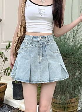 浅蓝色辣妹高腰牛仔半身裙女夏季新款大码胖mm显瘦a字百褶短裙子