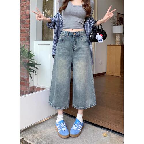 夏季阔腿直筒八分牛仔中裤女