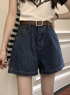 夏季新款深蓝色牛仔短裤女小个子高腰A字直筒阔腿裤大码胖mm热裤
