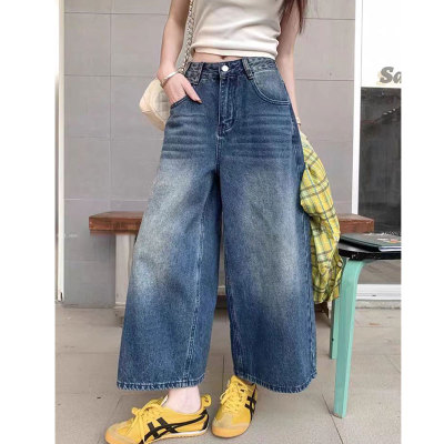夏季阔腿直筒八分牛仔裤女