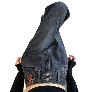 高腰水泥灰牛仔裤女春秋新款加绒宽松直筒裤高街窄版阔腿拖地裤子