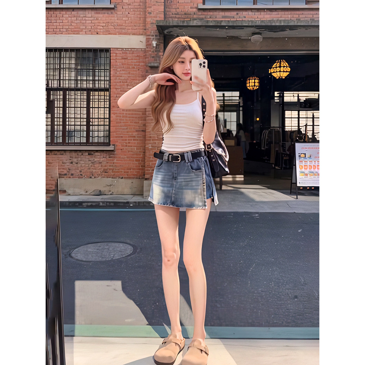 美式街头复古牛仔短裙女夏季新款修身显瘦侧开叉设计a字半身裙裤