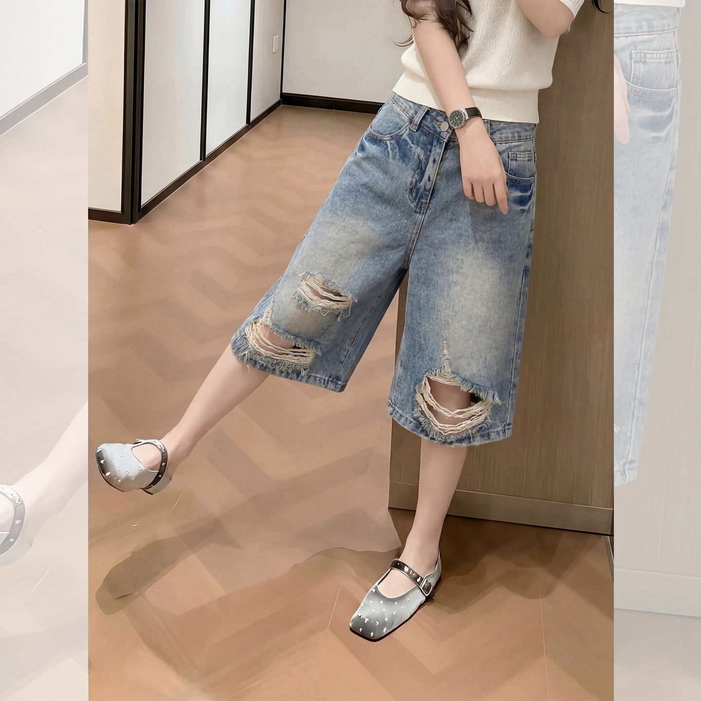 夏季破洞阔腿直筒牛仔五分裤女图片