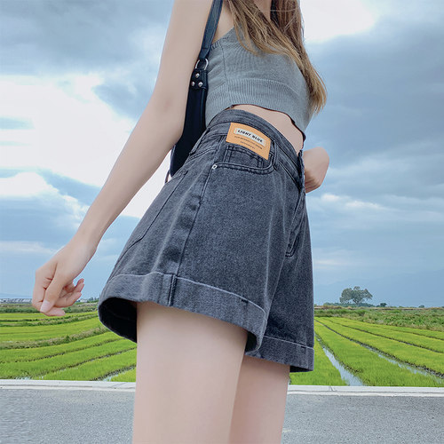 黑灰色牛仔短裤女夏a字热裤