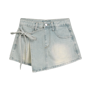 夏季新款奶蓝色牛仔短裤女显腿长高腰大码假两件绑带设计感裤裙子