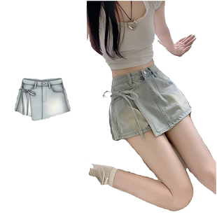 假两件牛仔短裤女夏季高腰不规则大码洋气绑带裙裤小个子辣妹热裤