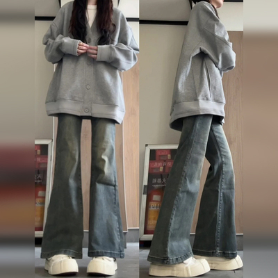 高街微喇叭牛仔裤女加绒阔腿裤子