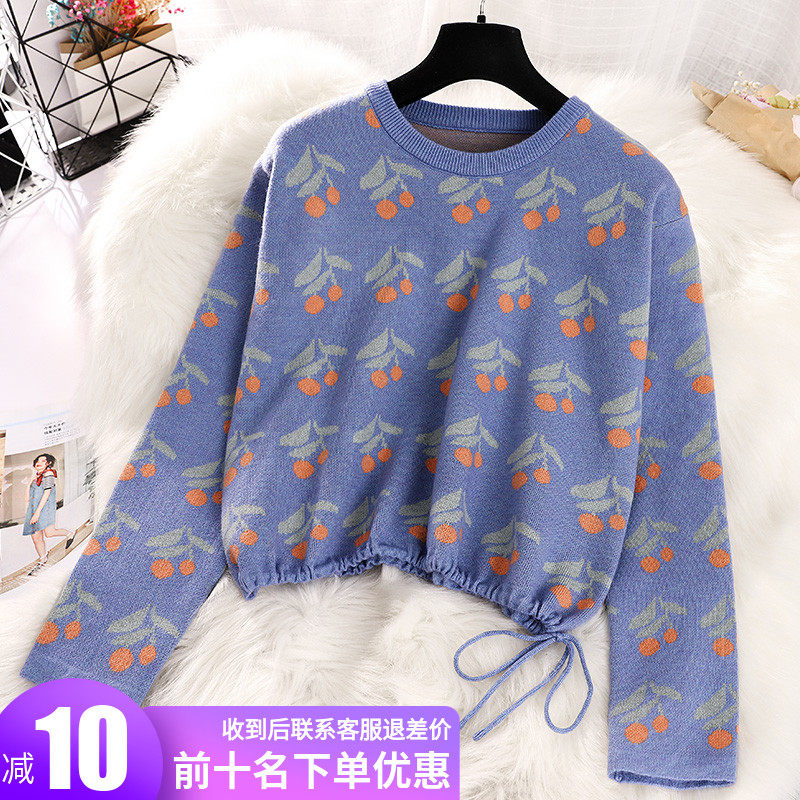 短款露腰套头毛衣女秋冬2020新款韩版宽松显瘦樱桃针织衫长袖外穿