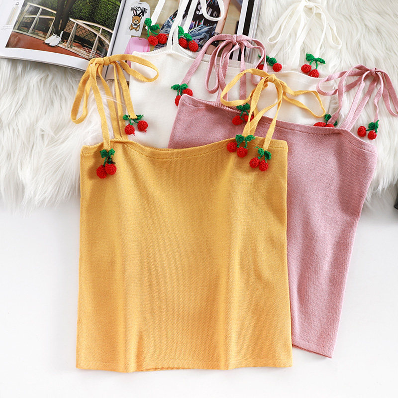 港味小樱桃针织吊带背心女外穿夏季2020新款韩版性感露背内搭小衫