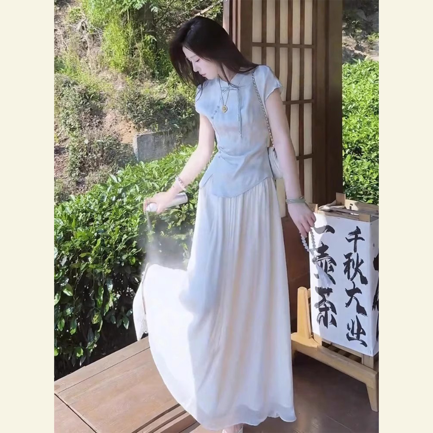 RIERA2025夏季新款气质高级感新中式国风大方得体蓝色上衣半身裙