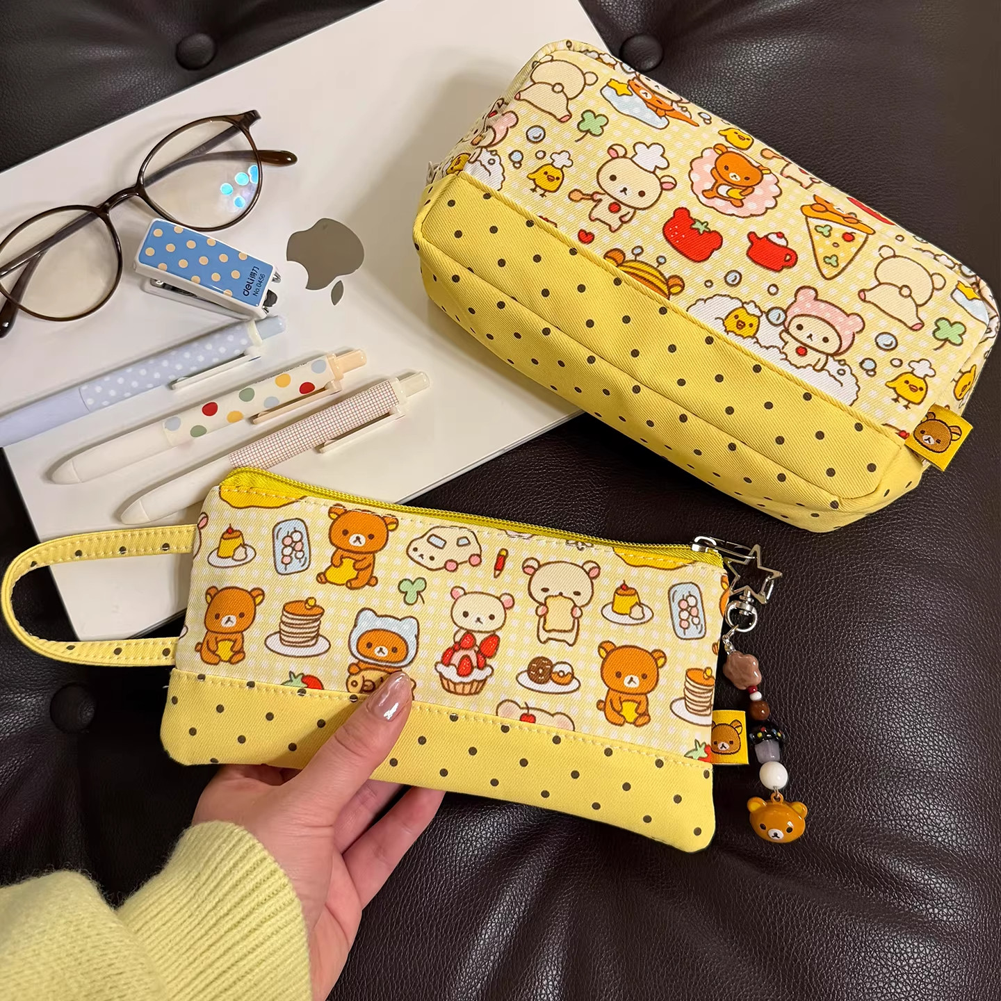 波点蛋黄色轻松熊笔袋高颜值文具盒学生大容量铅笔盒便携手提收纳