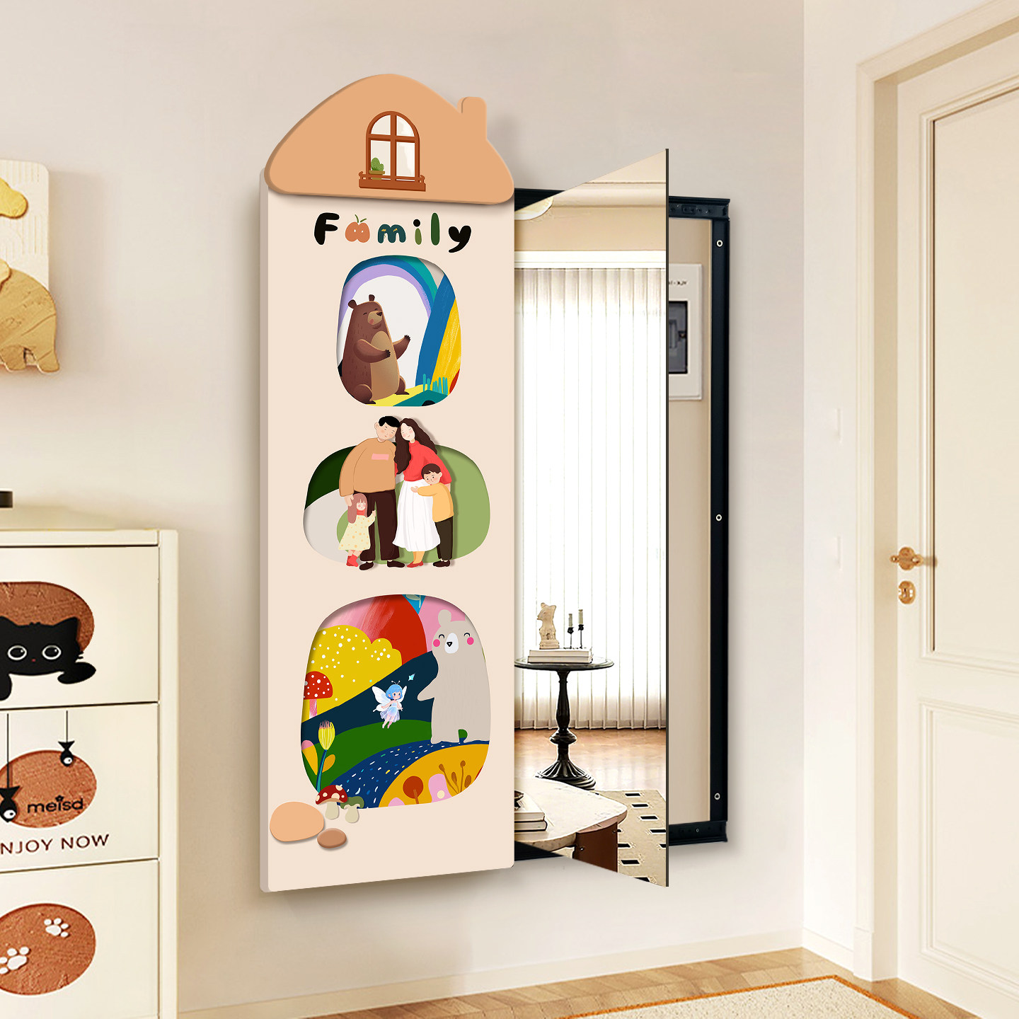 卡通隐藏式推拉镜面画全身镜玄关上墙可遮挡电表箱配电箱遮挡挂画,家居饰品,镜面画,淘宝优惠券,粉丝福利购,淘宝优惠卷