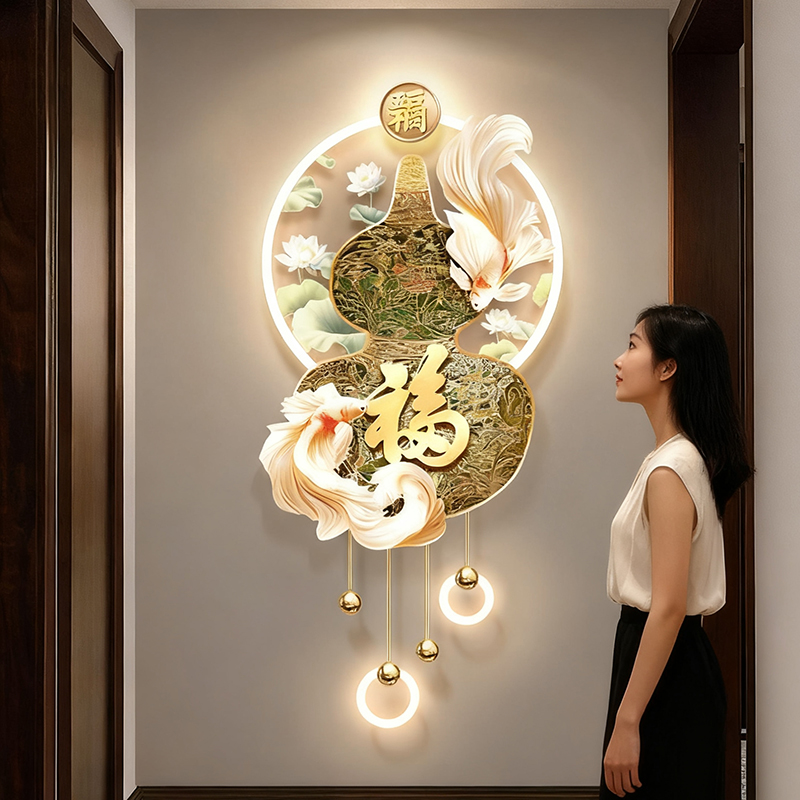 新中式玄关装饰画2025新款走廊尽头葫芦发光壁画寓意好的感应挂画图片