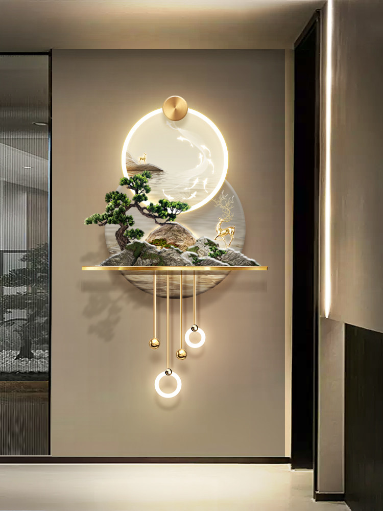 3D立体发财树玄关装饰画轻奢走廊尽头新中式山水画过道九鱼图壁灯